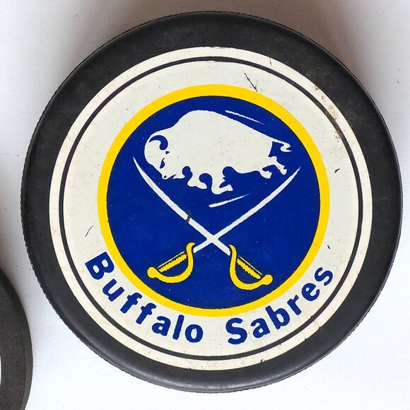 RETRO BUFFALO SABRES Hockey Pucks NHL One Standard Puck and one soft foam puck - Picture 2 of 4